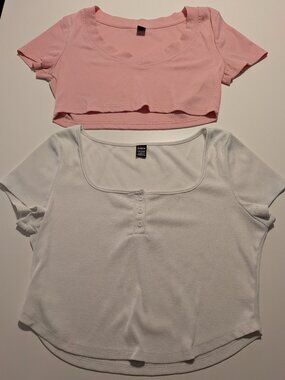 SHEIN Women’s L Ribbed Crop Top Bundle 2pc Short Sleeve White Pink Stretch